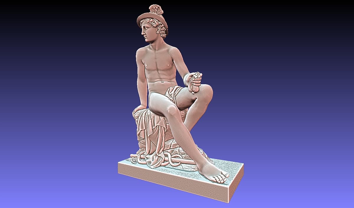 Mesh 3D della statua di Mercurio, scansionata a figura intera, con il caduceo appoggiato sul ginocchio