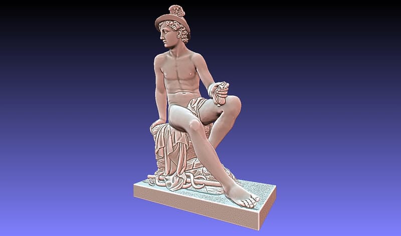 Mesh 3D della statua di Mercurio, scansionata a figura intera, con il caduceo appoggiato sul ginocchio