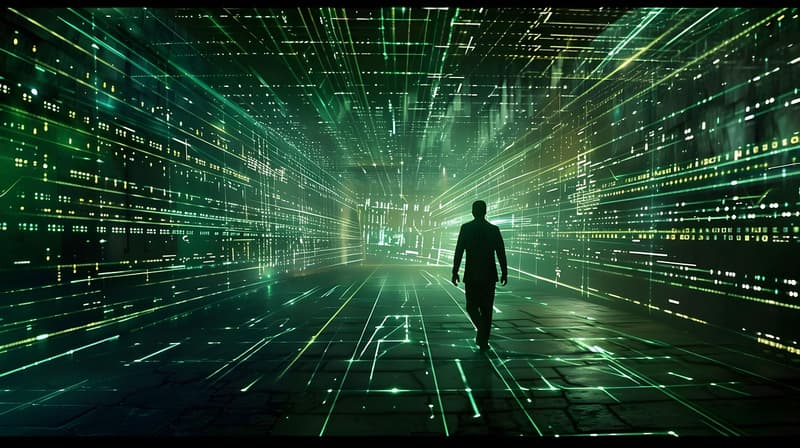 Illustrazione digitale di una figura che cammina in un corridoio immerso in un flusso di codice luminoso verde, a rappresentare il cyberspazio
