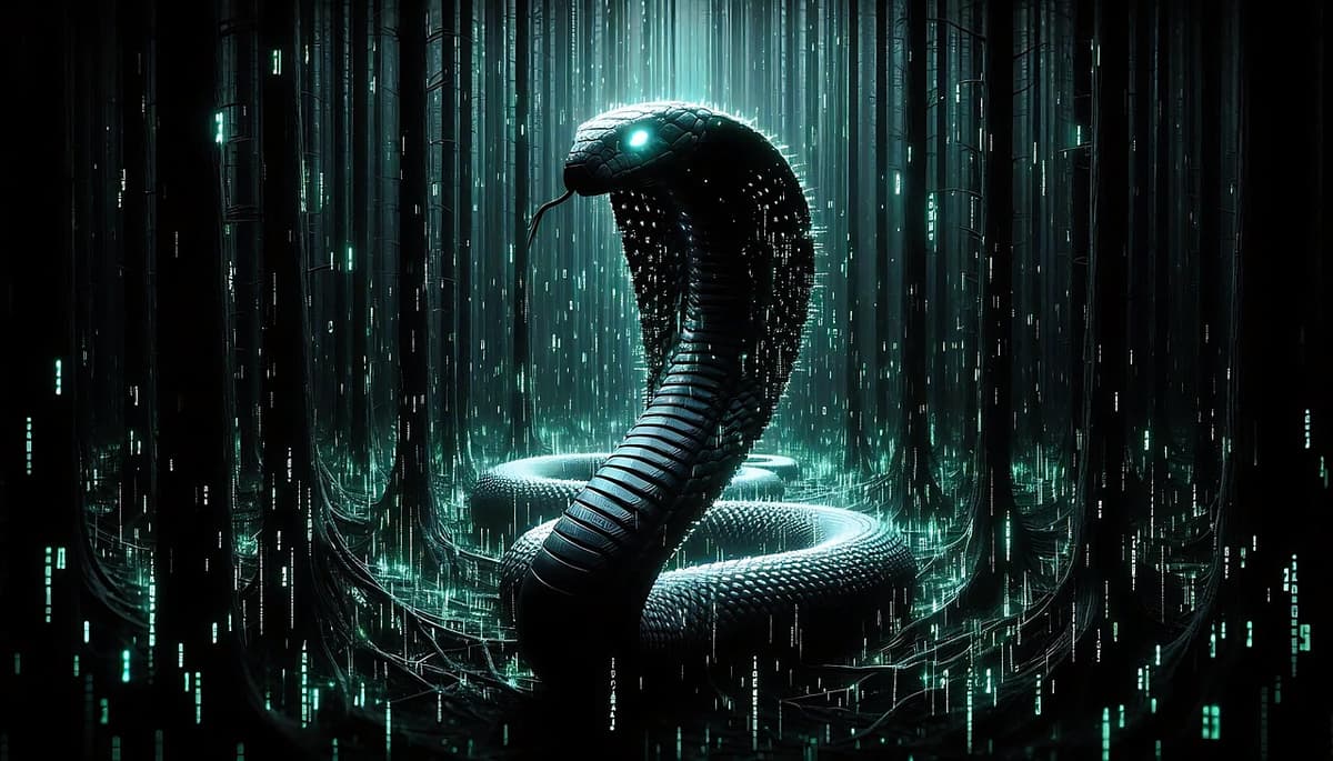 Illustrazione digitale di un cobra dalle sembianze cibernetiche, composto da linee di codice, a simboleggiare una minaccia informatica insidiosa
