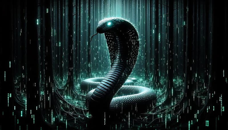 Illustrazione digitale di un cobra dalle sembianze cibernetiche, composto da linee di codice, a simboleggiare una minaccia informatica insidiosa