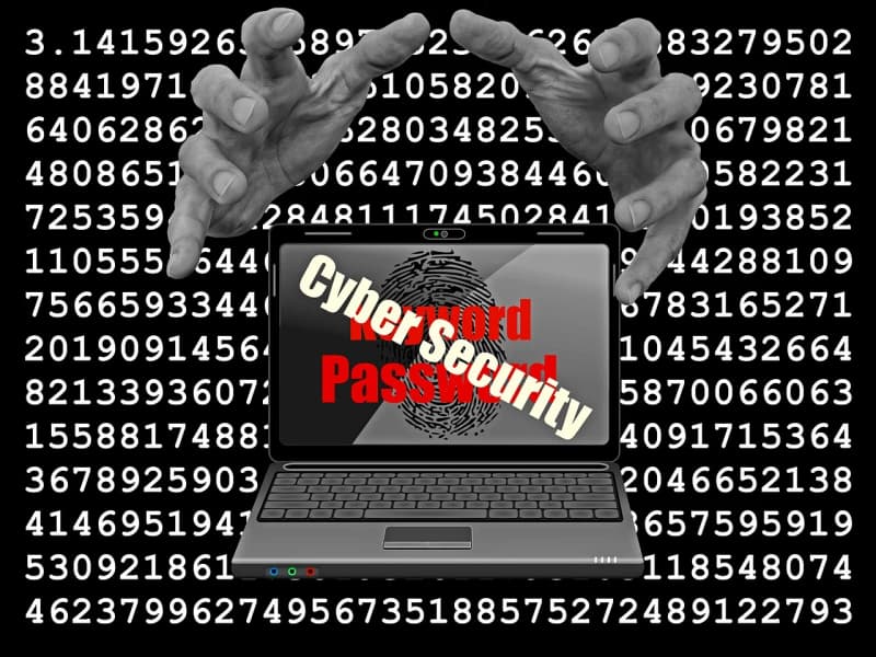 Illustrazione in bianco e nero di due mani che afferrano un laptop con un'impronta digitale e le scritte Cyber Security e Password sullo schermo
