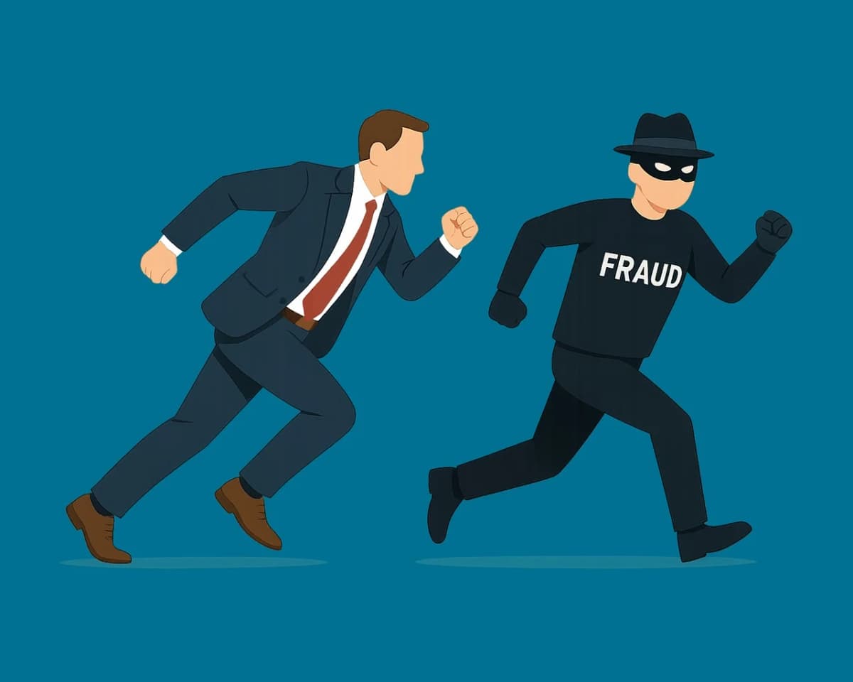 Illustrazione di un uomo in giacca e cravatta che insegue un criminale mascherato con la scritta FRAUD sulla schiena, a simboleggiare la lotta contro le frodi informatiche