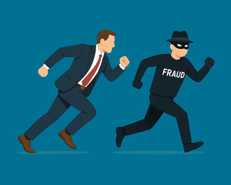 Illustrazione di un uomo in giacca e cravatta che insegue un criminale mascherato con la scritta FRAUD sulla schiena, a simboleggiare la lotta contro le frodi informatiche