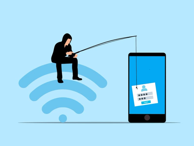 Illustrazione di un cybercriminale che pesca credenziali di accesso da uno smartphone, seduto sul simbolo del Wi-Fi, a rappresentare un attacco tramite rete wireless