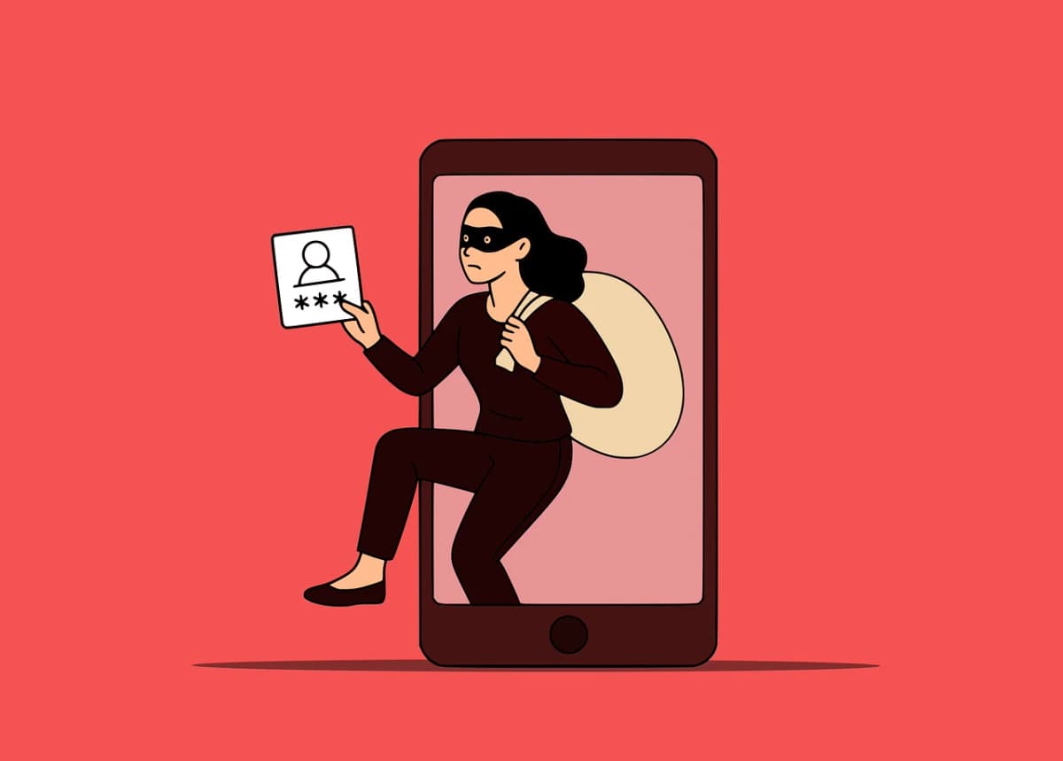 Illustrazione di una ladra che esce da uno smartphone con in mano una scheda con simbolo utente e password, a simboleggiare il furto di credenziali