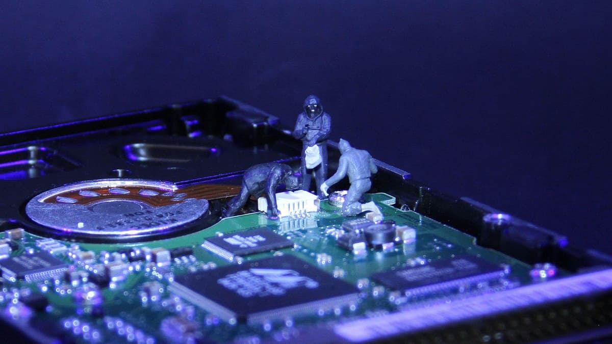 Fotografia macro di piccole figure in miniatura vestite da ladri, posizionate sul circuito di un hard disk, a simboleggiare un attacco ai dati memorizzati