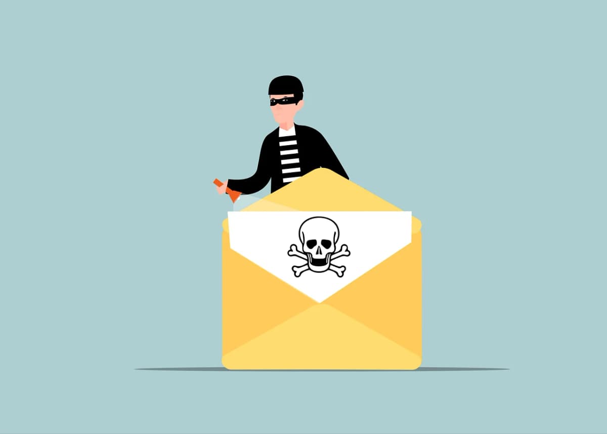 Illustrazione di un cybercriminale mascherato che sigilla una busta con un simbolo di teschio, a rappresentare un'email con allegato dannoso