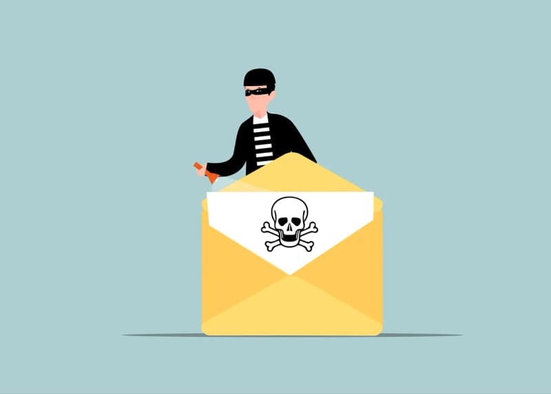 Illustrazione di un cybercriminale mascherato che sigilla una busta con un simbolo di teschio, a rappresentare un'email con allegato dannoso
