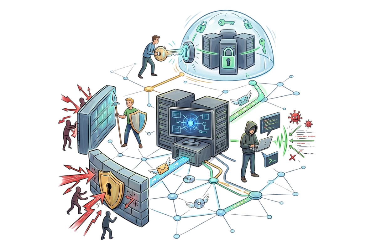Illustrazione di un sistema informatico difeso da scudi e mura mentre respinge attacchi in arrivo, con un cybercriminale a fianco