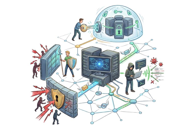 Illustrazione di un sistema informatico difeso da scudi e mura mentre respinge attacchi in arrivo, con un cybercriminale a fianco
